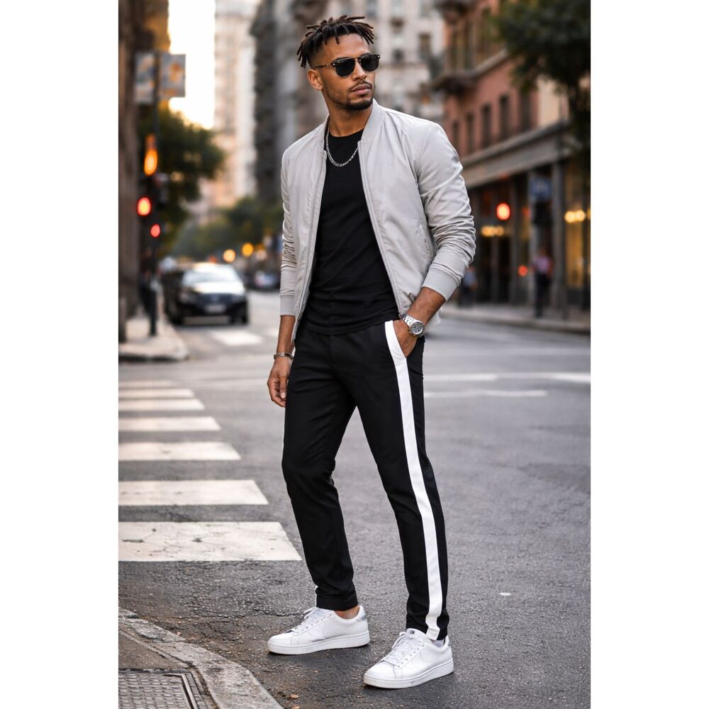 ADAMS Comfort Stretch Pants Men’s 32 Black White Tuxedo Stripe Urban Slim Fit